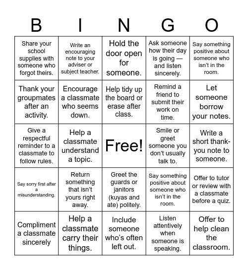 Acts of Kindness Bingo Card
