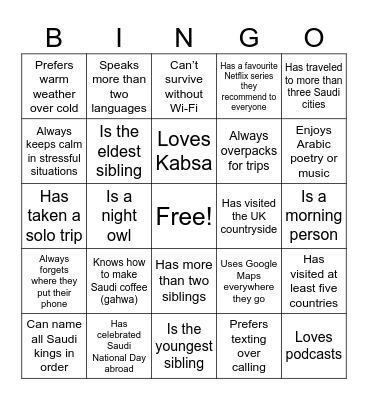 Saudi Society Meet & Greet Bingo Card