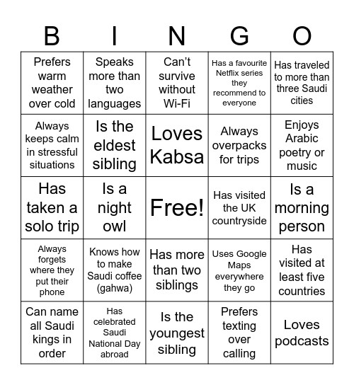 Saudi Society Meet & Greet Bingo Card