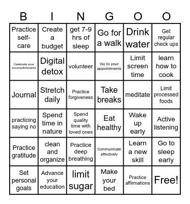 Healthy Habits Bingo Card