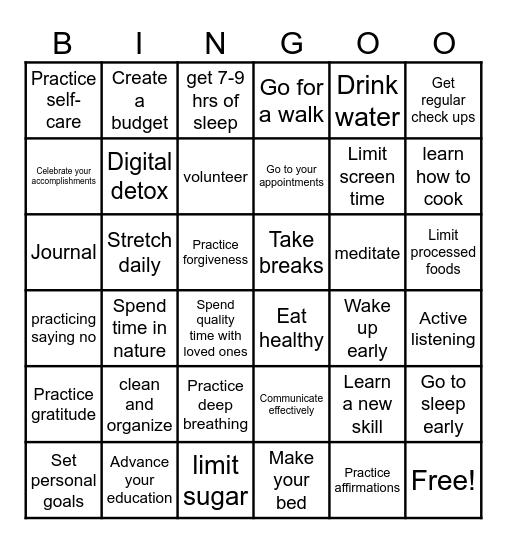 Healthy Habits Bingo Card