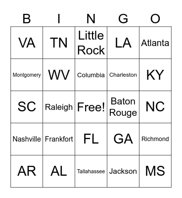 Southeast States- Capitals/Abbreviations Bingo Card