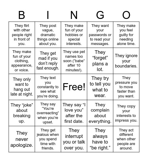 Red Flag Bingo Card