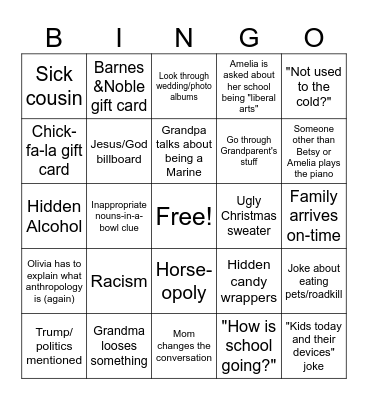 Christmas Family Reunion Bingo Card