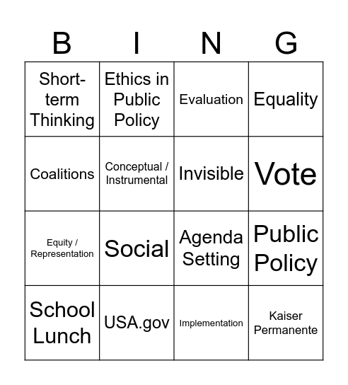 Public Policy Bingo Card