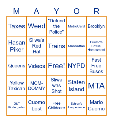NYC Mayoral Debate Bingo Card