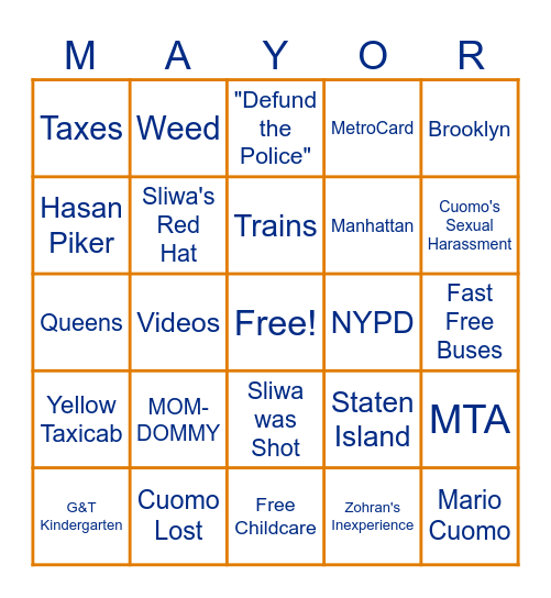 NYC Mayoral Debate Bingo Card