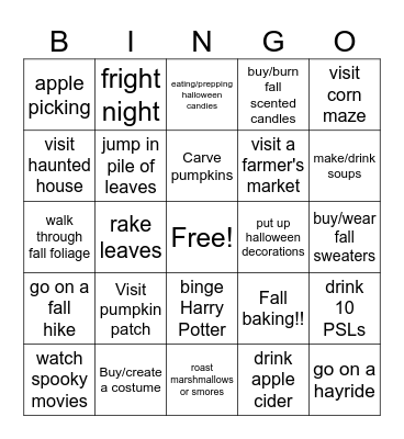 Fall Activities Bingo Card