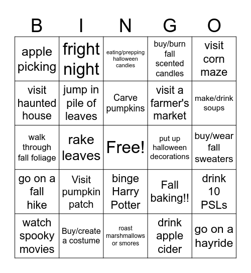 Fall Activities Bingo Card