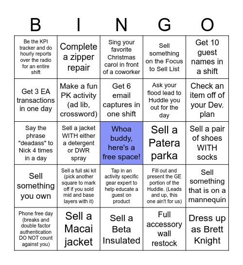 Cherry Creek Bingo Boys Bingo Card
