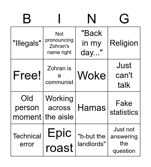 NYC Mayor Bingo Card