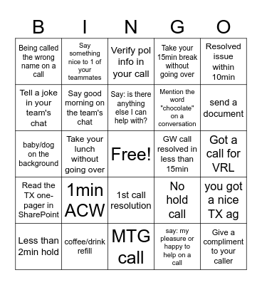 Team's competition Bingo Card