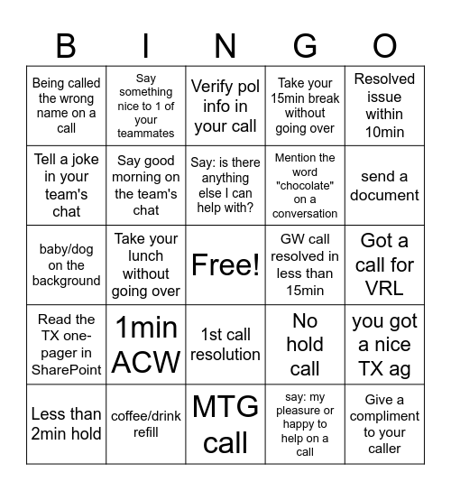 Team's competition Bingo Card