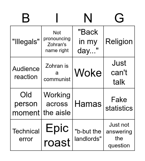 NYC Mayor Bingo Card