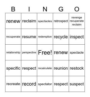 -re  -spect Bingo Card