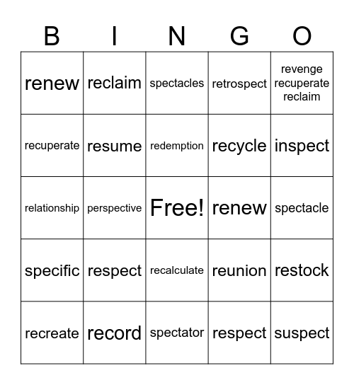-re  -spect Bingo Card