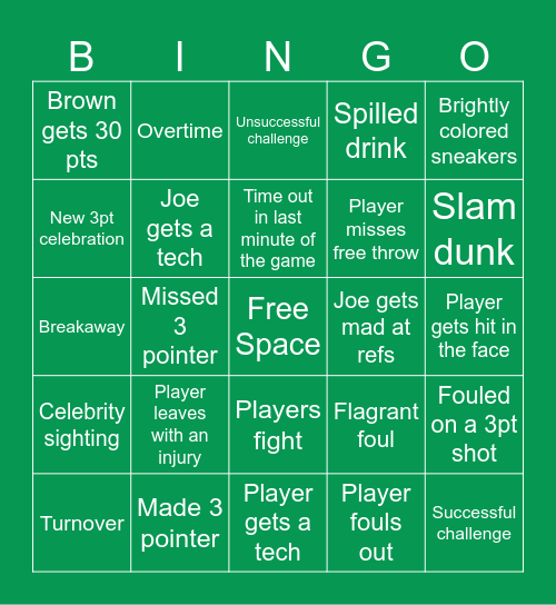 Celtics Bingo Card