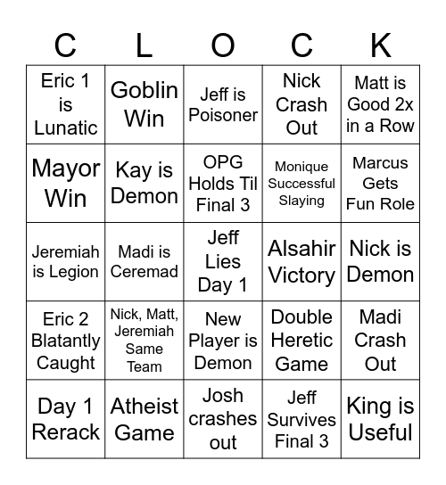 Vegas Clockcon Bingo Card