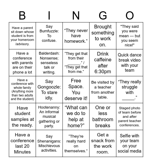 Conferences Team Card Bingo Card