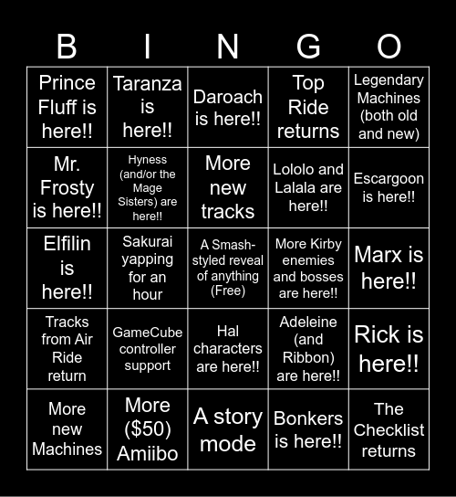 Kirby Air Riders Direct 2 Bingo Card