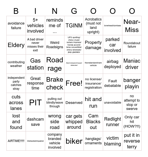 Crashes Bingo Card