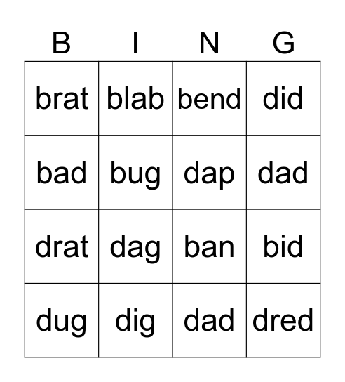 b/d Bingo Card