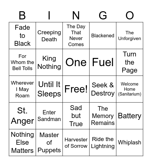 Metallica Mayhem Bingo Card