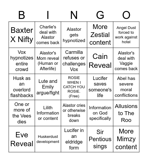Hazbin Hotel Season 2 Bingo Card