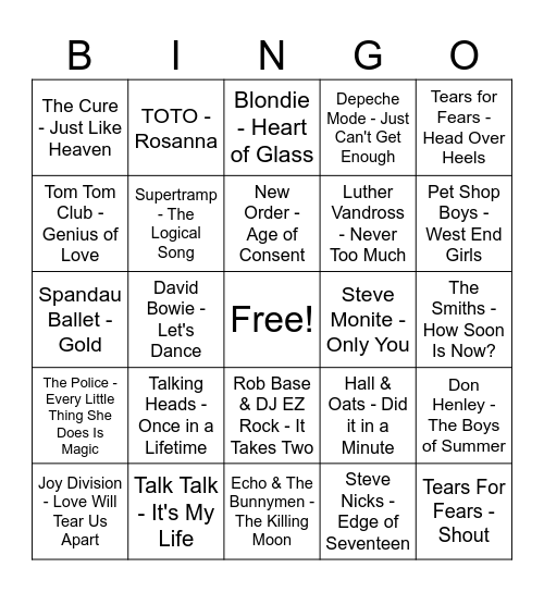 Dickson Taphouse Disco Bingo - 80's Bingo Card