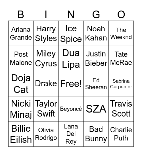 Pop Star Bingo 2025 Bingo Card