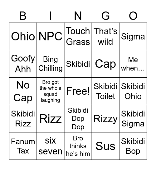 Brain Rot Bingo Card