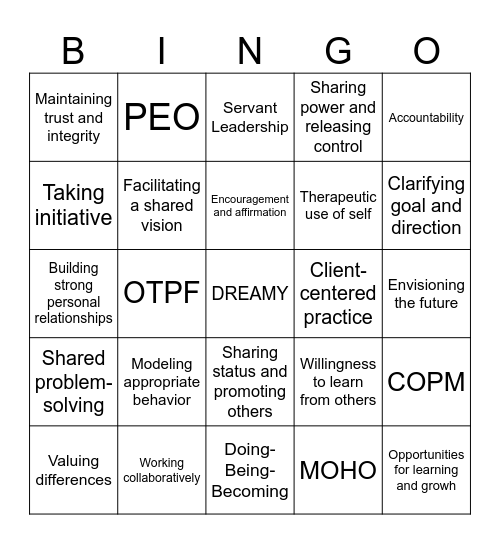 Servant Leadership Bingo Card