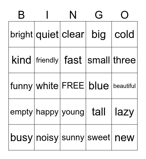 Adjective Bingo Card
