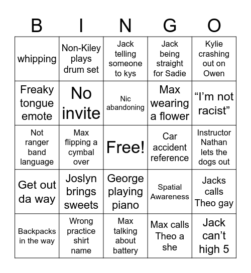 Front Ensemble Bingo Card