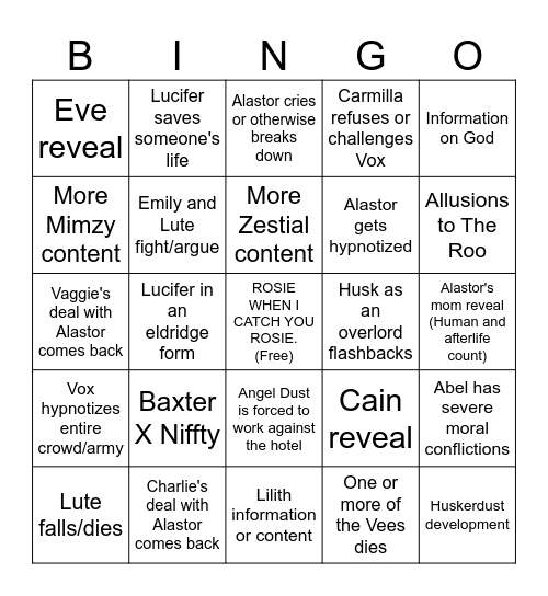Hazbin Hotel Season 2 Bingo Card