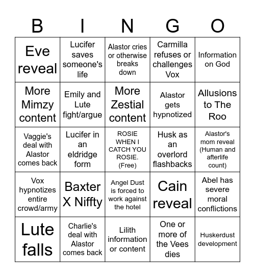 Hazbin Hotel Season 2 Bingo Card