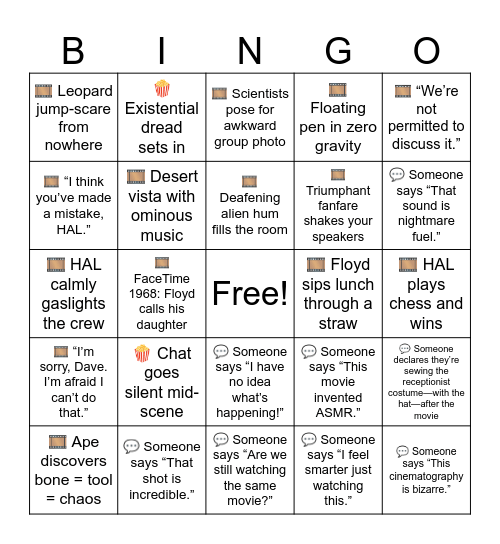 2001: A Space Odyssey – Part 1 🎞️ Movie Moment • 💬 Coworker Chat • 🍿 Group Vibe Bingo Card