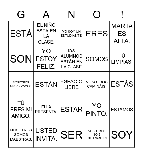 SPANISH 1 Bingo Card