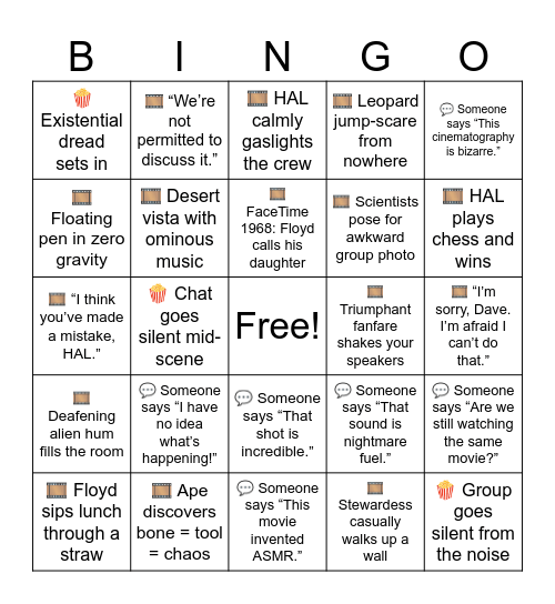 2001: A Space Odyssey – Part 1 Watch Party Bingo 🎞️ Movie Moment • 💬 Coworker Chat • 🍿 Group Vibe Bingo Card