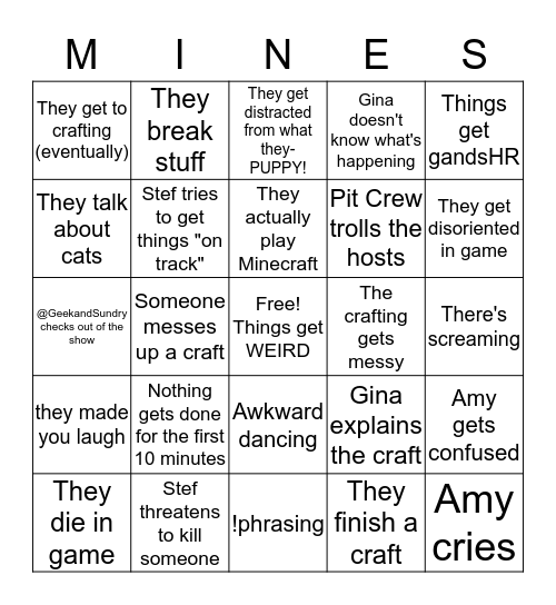 Mines N Crafts Bingo Card