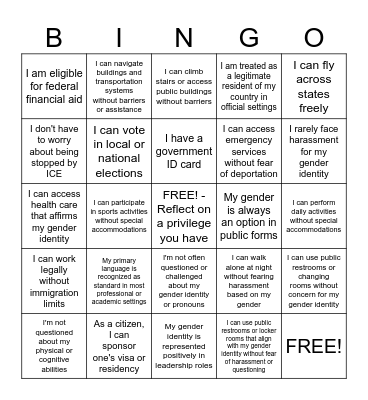 Privilige Bingo Card