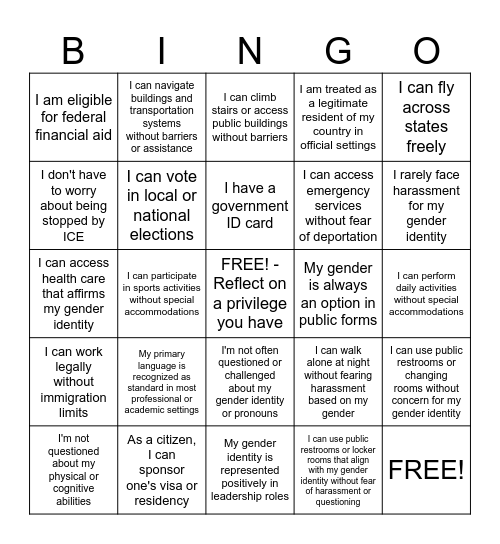 Privilige Bingo Card