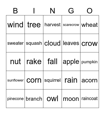 fall word Bingo Card
