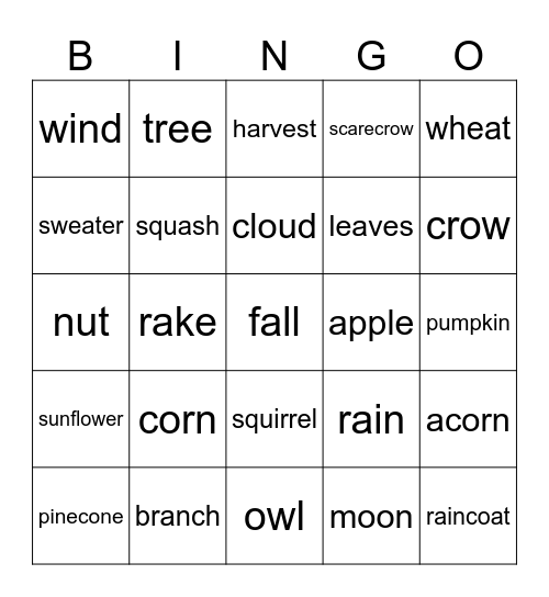 fall word Bingo Card