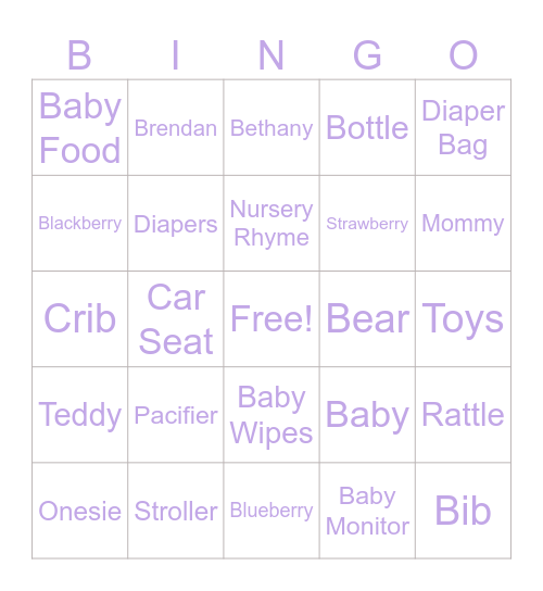 Bethany’s Baby Shower Bingo Card