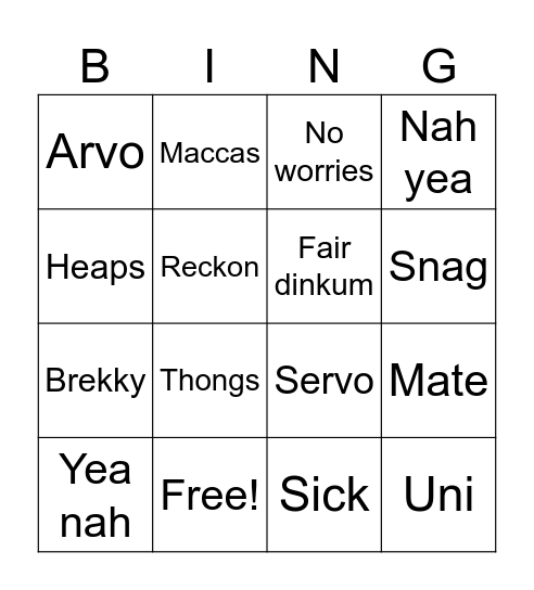 Aussie Slang Bingo Card