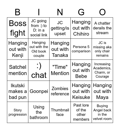 JC's Persona 3 Bingo Card