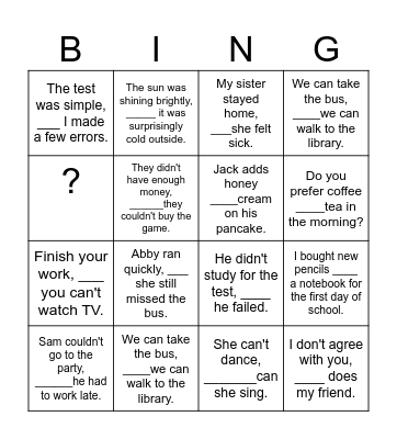 oordinating Conjunction Sentences (FANBOYS) Bingo Card