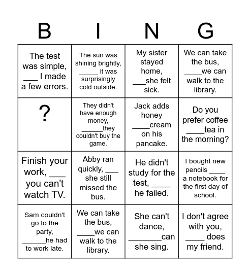 oordinating Conjunction Sentences (FANBOYS) Bingo Card