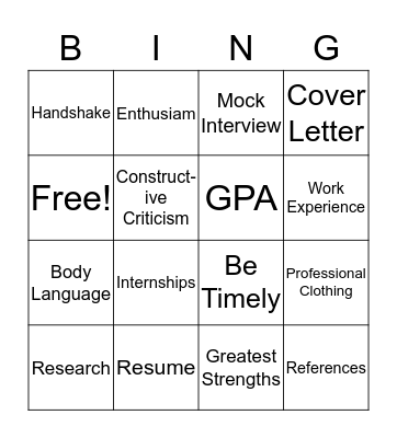 Career Prep Bingo Card
